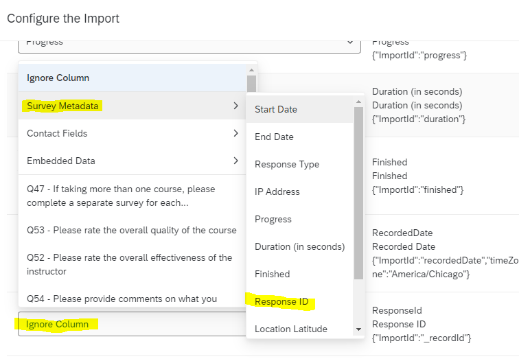 configure survey metadata