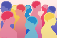 Illustration of a diverse crowd of human figures, each filled with colorful, uniquely patterned brain images, representing the concept of neurodiversity and the wide range of ways people think and process information.