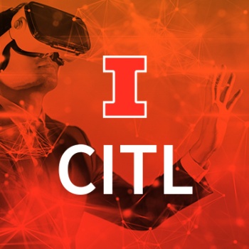 stylized image of student using vr headseat, with orange overlay and CITL and block I logos