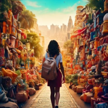 Person with backpack walking through a colorful market street toward a distant city skyline.