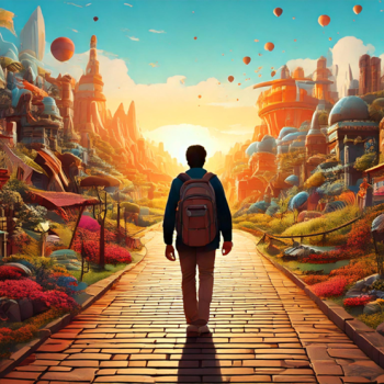 A person walking on a brick path surrounded by  buildings at sunset