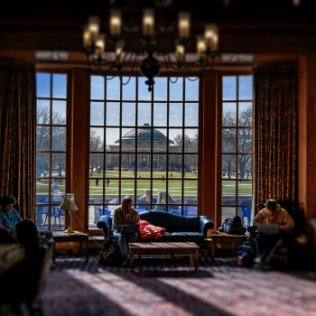 Quad facing lounge with students studying