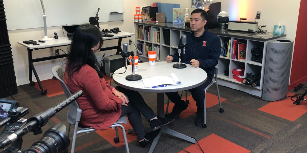 jiheng jin recording podcast in studio